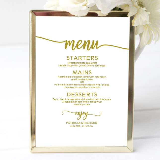 Bröllop Menu-tecknet Rustic Chic Guld Calligraphy Poster (Skapare uppladdad)