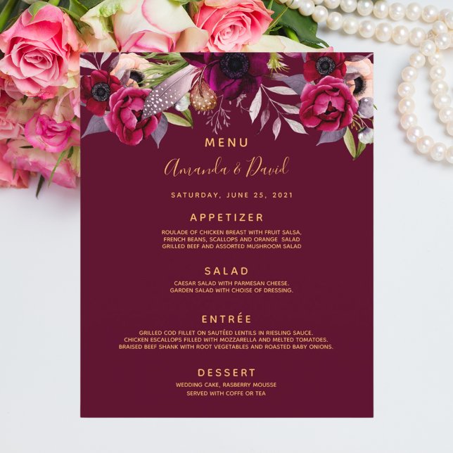 Bröllop Menu vattenfärgade blommigtar burgundi (Skapare uppladdad)