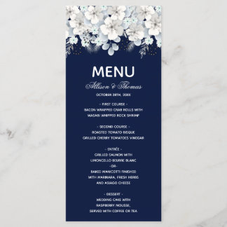 Bröllop Menu, vit rosura navy blue Meny