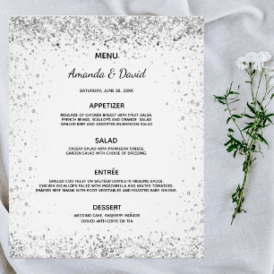 Bröllop Menu, vit silver glitter-miniatyrskatt, bu Flygblad