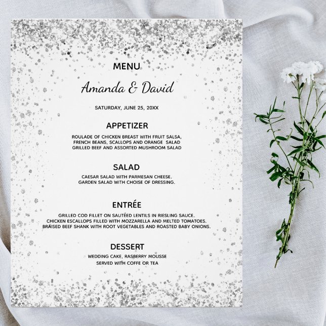 Bröllop Menu, vit silver glitter-miniatyrskatt, bu Flygblad (Skapare uppladdad)
