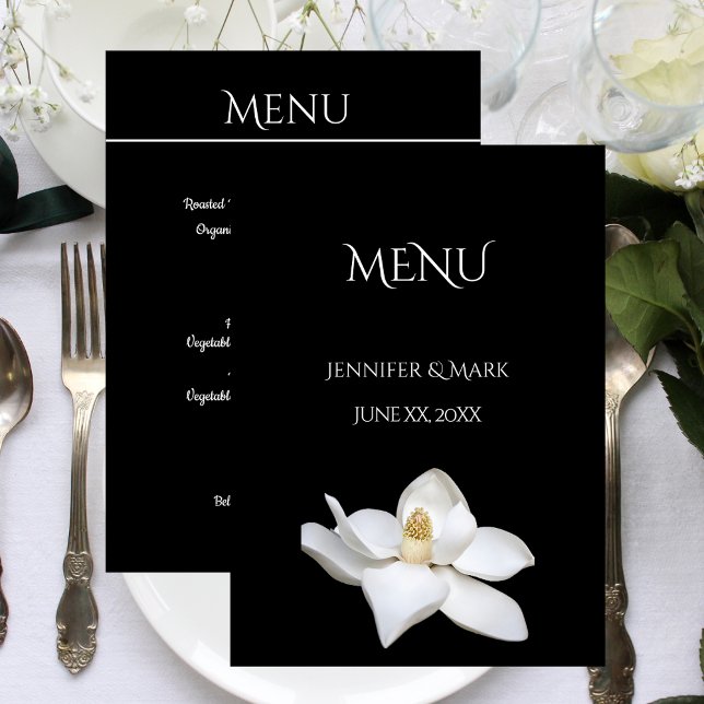 Bröllop Menu White Magnolia Black and White Meny (Wedding Menu White Magnolia Black and White)