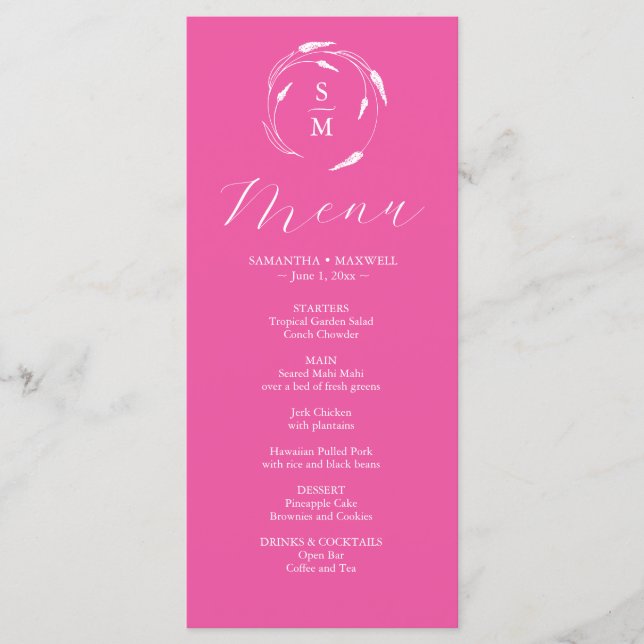 Bröllop Menus Simple Monogram Fuchsia Rosa Meny (Framsida)