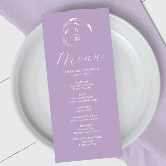 Bröllop Menus Simple Monogram Lavender Meny (Wedding menus purple lavender line arty by Victoria Grigaliunas of Do Tell A Belle)