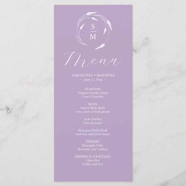Bröllop Menus Simple Monogram Lavender Meny (Framsida)