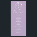 Bröllop Menus Simple Monogram Lavender Meny<br><div class="desc">Menyn elegant lila bröllop har ett enkelt monogram som är omgivet av lavender-linjekonst. ord "Menu" anges i calligraphy-skript. Använda mallens fält om du vill lägga till menyalternativen initialer,  namn och anpassningsbar för bruden och trippen. Perfekt till bröllop,  repetitionsmiddag,  förlovningsfester och mycket annat.</div>