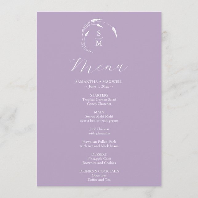 Bröllop Menus Simple Monogram Lavender Meny (Framsida)
