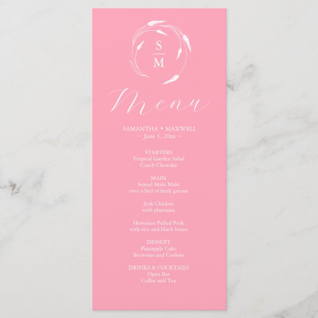 Bröllop Menus Simple Monogram Rosa Meny (Framsida)