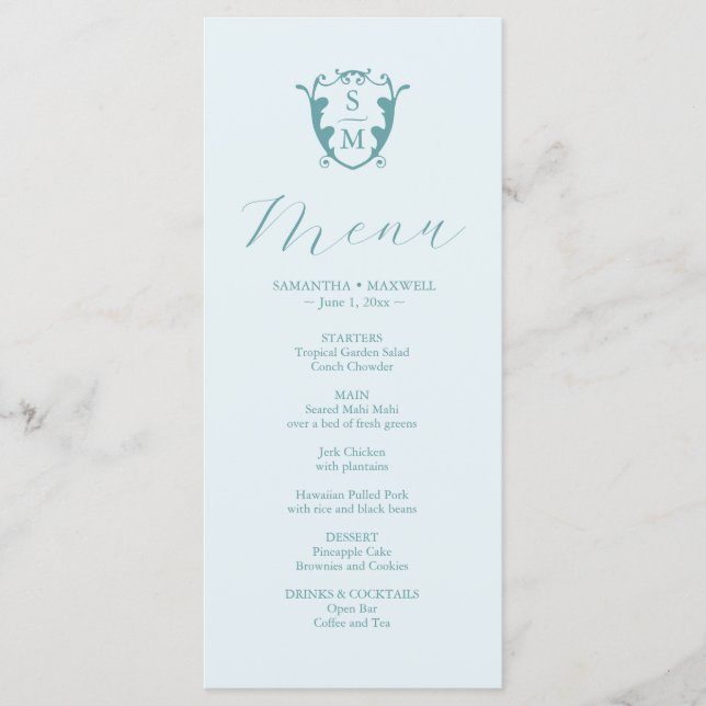 Bröllop Menus Simple Monogram Vapensköld Blue Meny (Framsida)