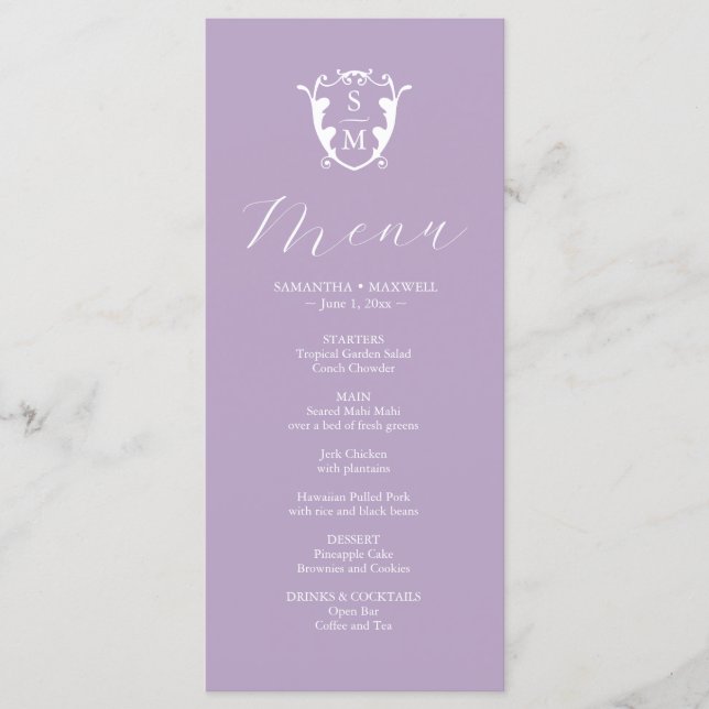Bröllop Menus Simple Monogram Vapensköld Lilac Meny (Framsida)