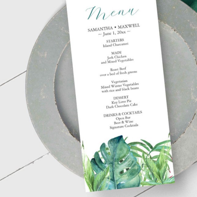 Bröllop Menus Tropical Destination Handflatan Löv Meny (Wedding menus destination weddings tropical palm leaves watercolor art by Victoria Grigaliunas)