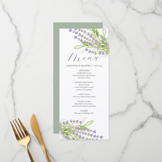 Bröllop Menus Watercolor Lavender Flowers Meny (Fram/Back In Situ)