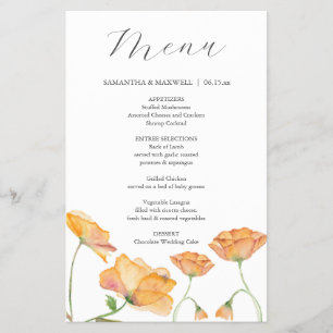 Bröllop Menus Watercolor Orange Flowers Flygblad