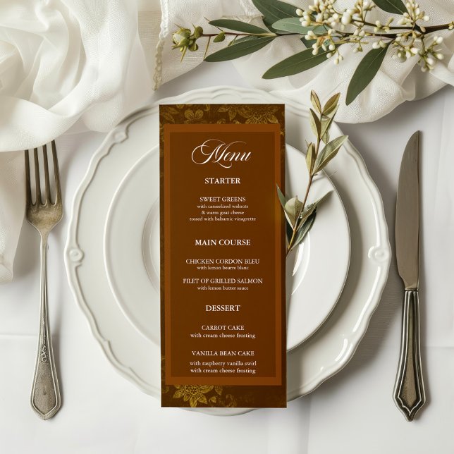Bröllop-meny för Brown & Guld Elegant Blommigt Meny (Skapare uppladdad)