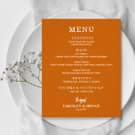 Bröllop-meny för budgeterad enkel Elegant - bränd<br><div class="desc">Ett prisvärt, pappert nedbränt menykort för orange med dina matval i chic, vitt brev är perfekt för en modern bröllopsdag, bröllop-repetitionsmiddag, årsdag party eller speciella evenemang med en sittplatsmiddag. Mått 4, 5 x 5, 6 tum (eller välj mellan 2 andra storlekar) tryckt på 110 lb papper vikt. Kuvert är tillgängliga...</div>