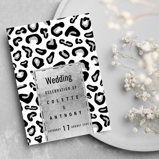 Bröllop Meny för djuravtryck i Black silver glitte Inbjudningar (Black silver glitter animal print Wedding Menu)