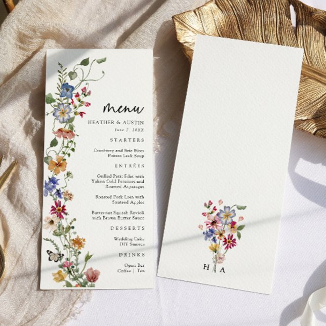 Bröllop-meny för färgfull Blommigt Meny (Watercolor Colorful Wildflower Monogrammed Wedding Menu by Painted Paperie)