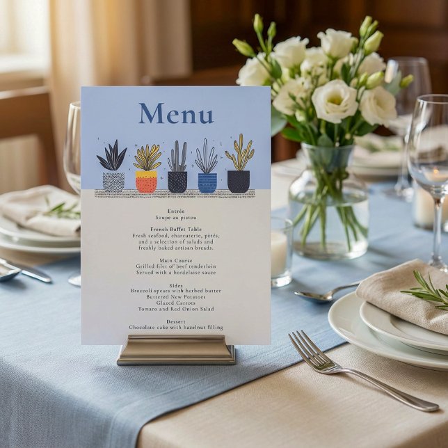 Bröllop-meny för ljusa, färgade, punkterade husväx meny (Bright Colorful Potted House Plants Wedding Menu)