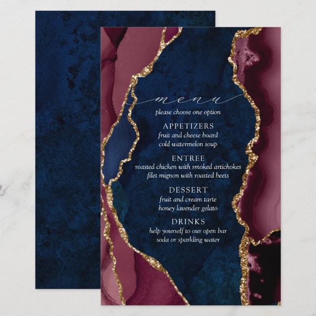 Bröllop-meny för marinen Burgundy & Guld Agate (Fram/baksida)