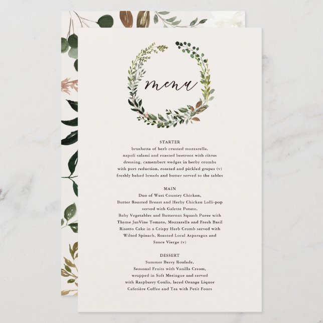 Bröllop-meny för rustiska blommigtar med andedräkt (Fram/baksida)