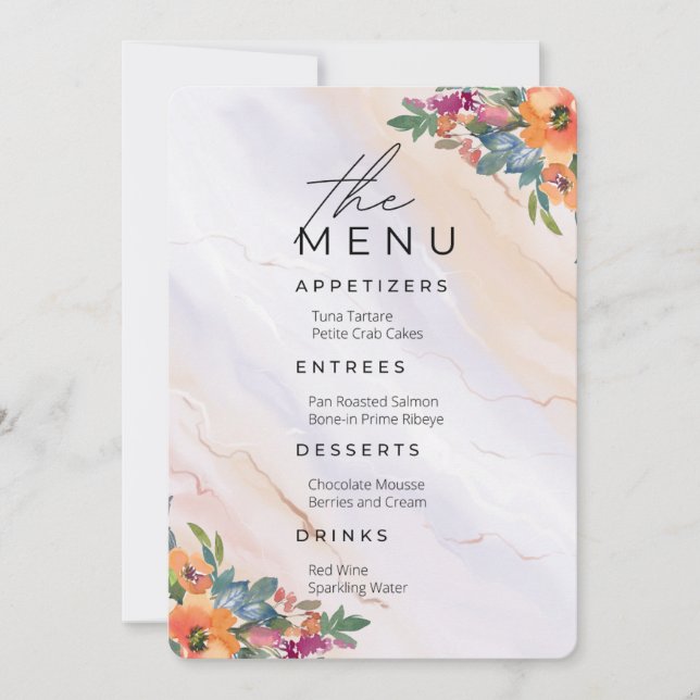 Bröllop-meny i blommigt blått och orange inbjudningar (Framsida)