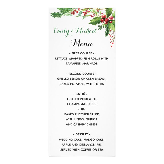 Bröllop-menykort botaniskt vattenfärgsröd grönt rö reklamkort (Framsidan)