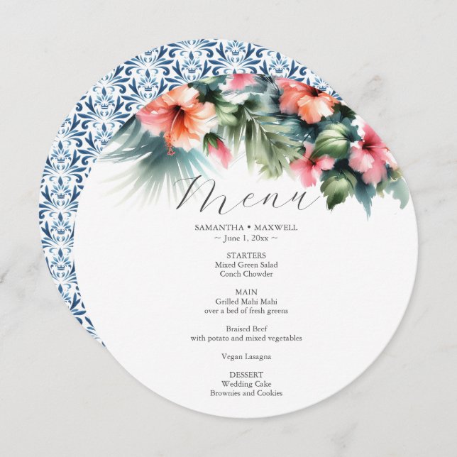 Bröllop-menykortets vattenfärg Hibiscus Flowers Meny (Fram/baksida)