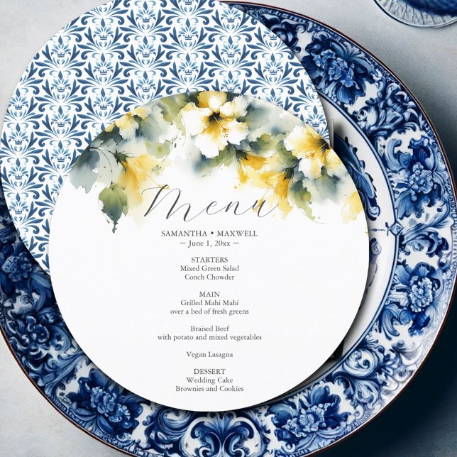 Bröllop-menykortets vattenfärg Hibiscus Flowers Meny (wedding menu card watercolor yellow hibiscus flowers blue ornate pattern)