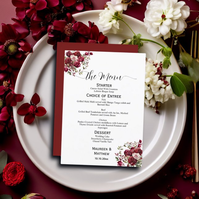 Bröllop-menyn i Burgundy Blommigt Modern Script 5x Meny (Skapare uppladdad)