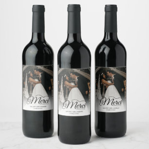 Bröllop Merci Beaucoup Photo Favor Vinflaska Etikett