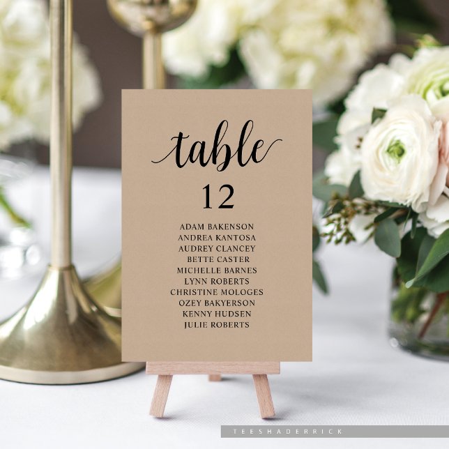 Bröllop Middag, brunkolsdiagram Bordsnummer (Wedding Dinner or Brunch, Cottage Brown Kraft, Guest Seating Chart Card, with Table Number.)