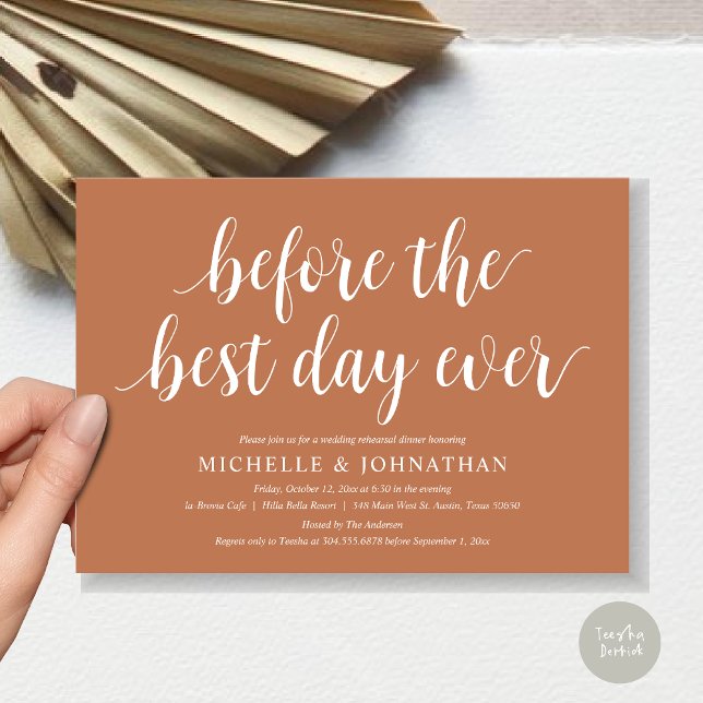 Bröllop-middag, före den bästa dagen någonsin inbjudningar (Before the best day ever, wedding rehearsal dinner invitation card, PDF, in Copper Rust)