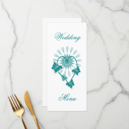 Bröllop Middag Menu Teal Butterflies Heart Meny