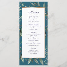 Bröllop middag Meny teal löv guld ram elegant
