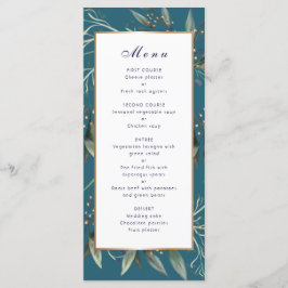 Bröllop middag Meny teal löv guld ram elegant