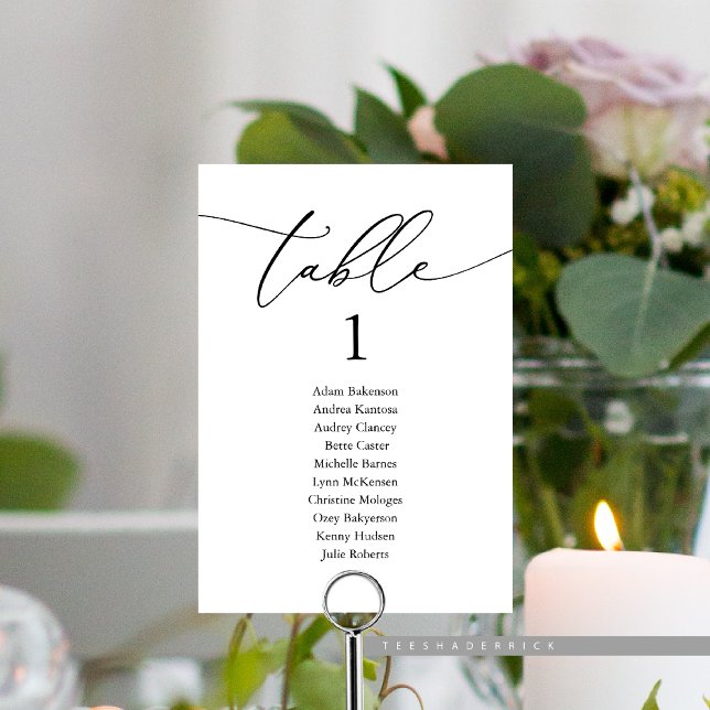 Bröllop Middag, modernt gästdiagram Bord N Bordsnummer (Elopement Wedding Dinner, Modern Guest Seating Chart Table, With Table Number and Guest Names)