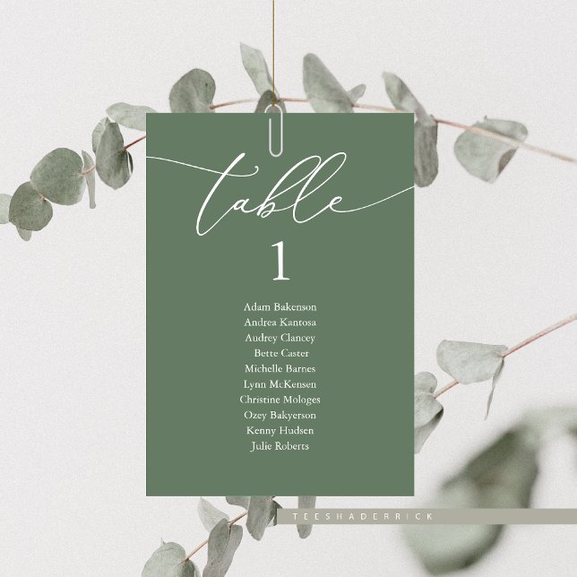 Bröllop Middag, modernt gästdiagram Bordsnummer (Elopement Wedding Dinner, Guest Seating Chart Table, in Modern Sage Green, Table No and Guest Names)