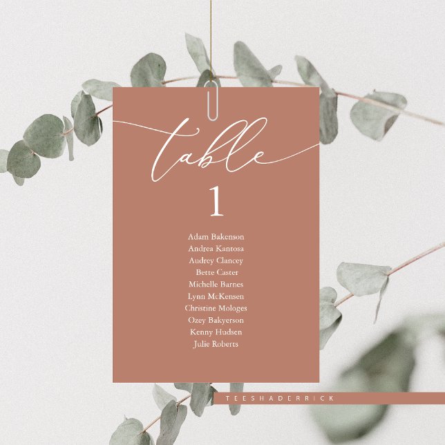 Bröllop Middag, modernt gästdiagram Bordsnummer (Elopement Wedding Dinner,  Guest Seating Chart Card, in Terracotta Brown, Table No and Guest Names)