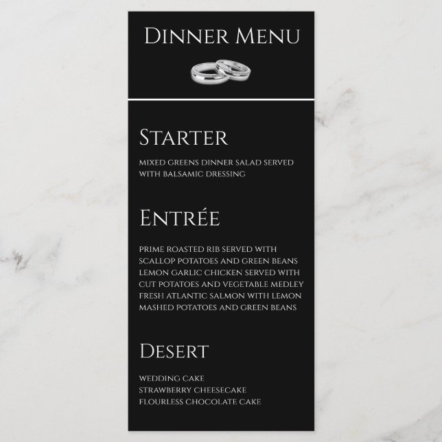 Bröllop Middag och Drink Menu-Black och White- Meny (Framsida)