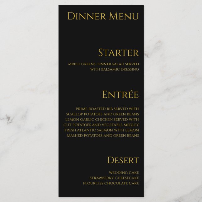 Bröllop Middag och Pub Menu-Black och Guld Meny (Framsida)
