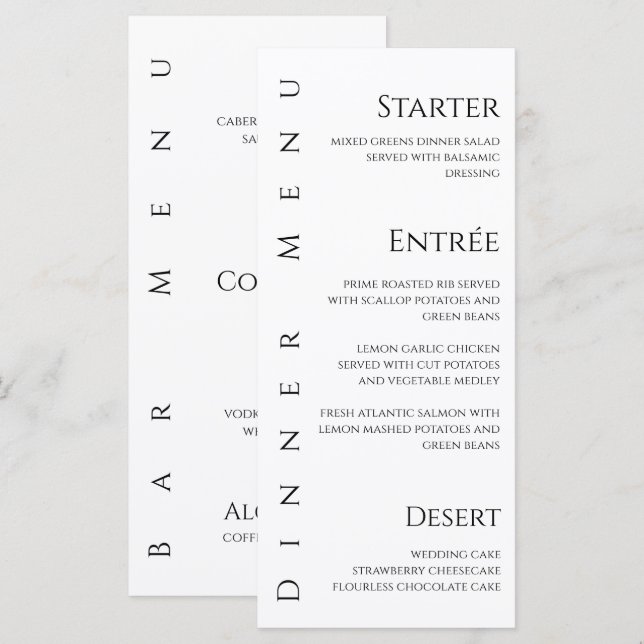 Bröllop Middag och Pub Menu-Black och White- Meny (Fram/baksida)