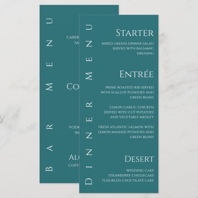 Bröllop Middag och Pub Menu-Emerald Grönt- Meny (Fram/baksida)