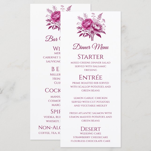 Bröllop Middag och Pub Menu-Magenta Peony Meny (Fram/baksida)