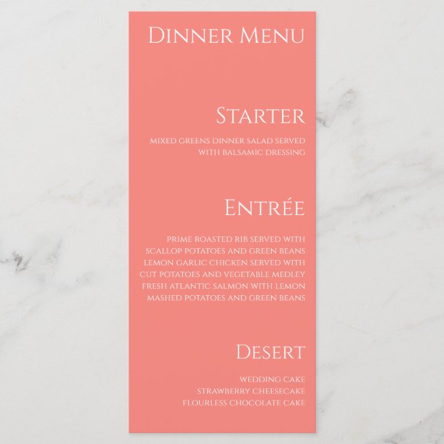Bröllop Middag och Pub Menu-Rosa Coral- Meny (Framsida)