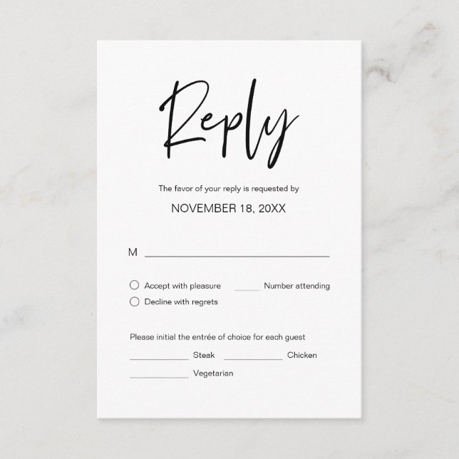 Bröllop Middag OSA, matsalternativ Kort för djurut (Framsida)