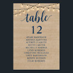 Bröllop Middag, Rustic Guests sittdiagram Bordsnummer<br><div class="desc">Bord-diagramkortet för innergäst,  Modern Navy Blue Script,  String ljus,  Rustic Wood-bakgrund Anpassa texten och/eller ta bort och fylla i med bröllopsfestens tema.</div>