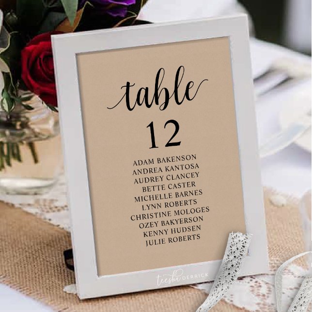 Bröllop Middag, Rustic Guests sittdiagram Bordsnummer (Wedding Dinner, Rustic Guests Seating Chart Table Number, Brown Kraft Cottage Themed)