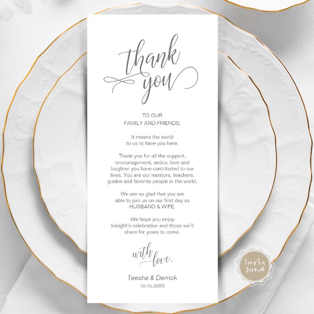 Bröllop middag, Ställe som sätter tackkort Program (Wedding Dinner, Place Setting Thank You Card, in Modern Classy Script, Dark Grey.)