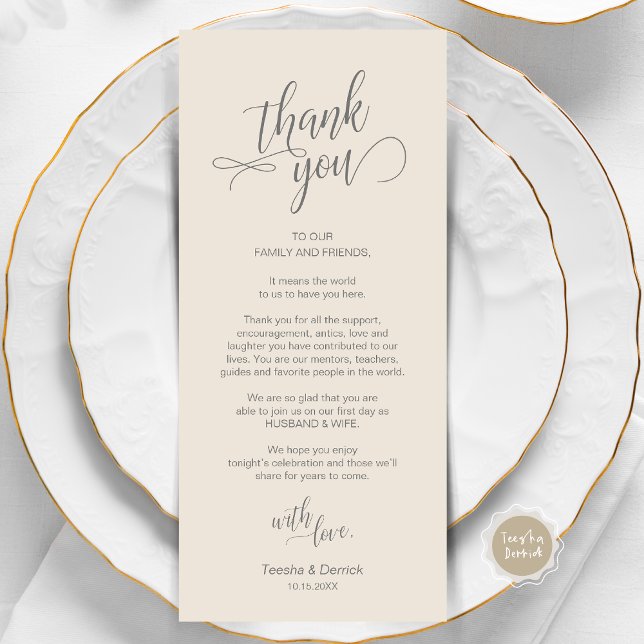 Bröllop middag, Ställe som sätter tackkort Program (Wedding Dinner, Place Setting Thank You Card, in Modern Classy Script, Grey and Cream.)