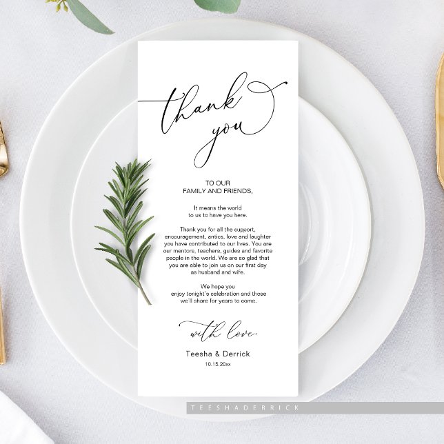 Bröllop-middag, Ställe-tack-kort Program (Wedding Dinner or Elopement Brunch Place Setting Thank You Card, In Modern Classy Romantic themed)